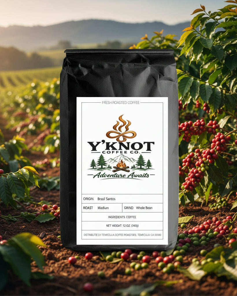 Y’Knot Coffee Co. Brazil Santos single origin coffee bag at a Brazilian coffee farm
