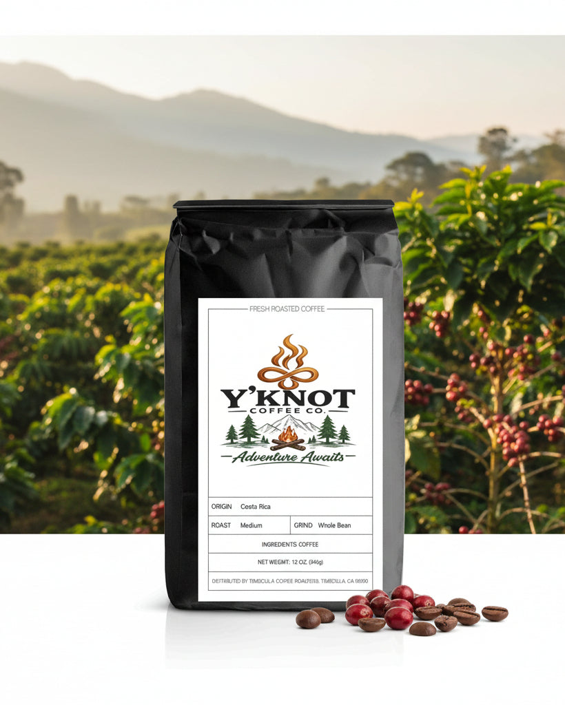 Y’Knot Coffee Co. Costa Rica single origin medium roast coffee bag on a Costa Rican coffee farm.
