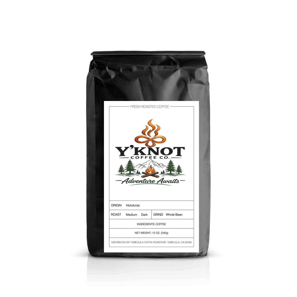 Y’Knot Coffee Co. Honduras single origin medium/dark roast whole bean coffee bag.