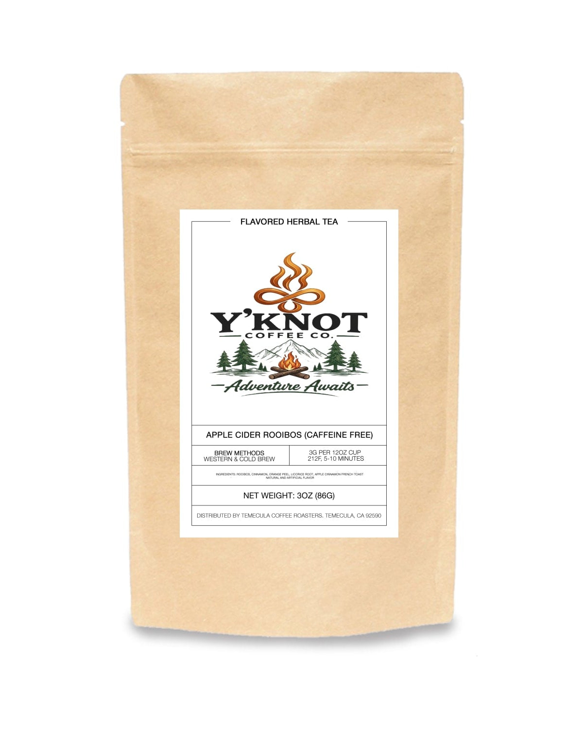 Apple Cider Rooibos loose leaf tea in a Y’Knot Coffee Co. bag on a white background