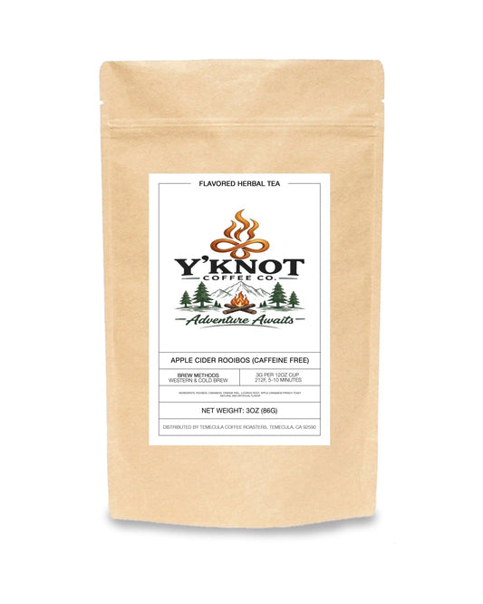 Apple Cider Rooibos loose leaf tea in a Y’Knot Coffee Co. bag on a white background