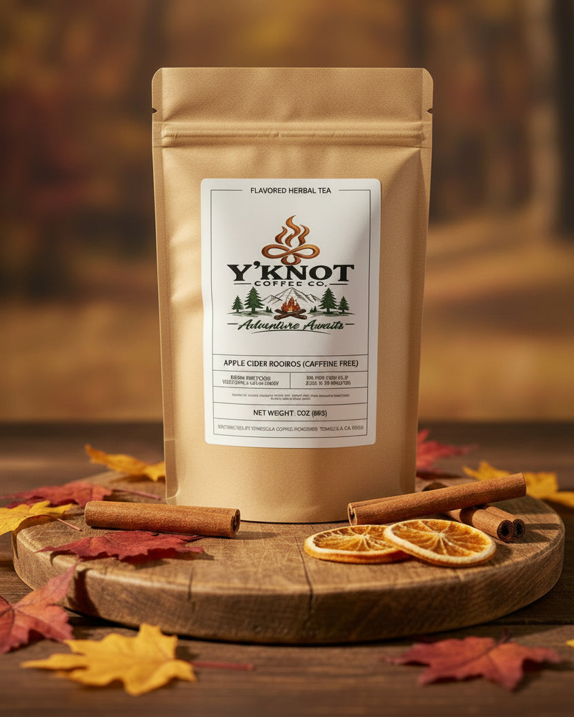 Apple Cider Rooibos loose leaf tea in a Y’Knot Coffee Co. bag surrounded by autumn leaves, cinnamon sticks, and dried orange slices